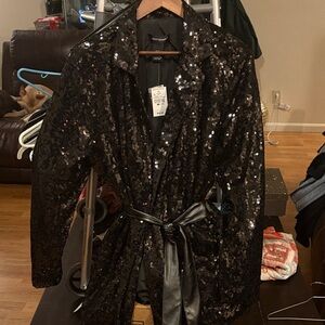Ashley Stewart Black Sequin Belted Blazer